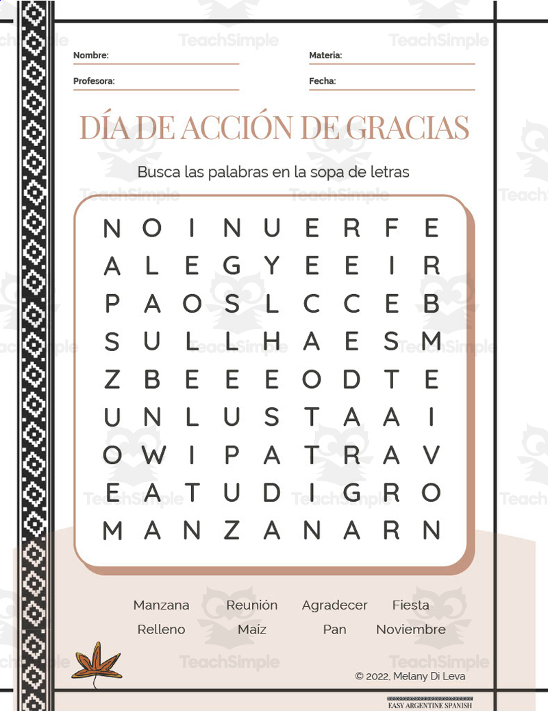 Spanish: Thanksgiving Day Word Search Packet with regard to Thanksgiving In Spanish Worksheets