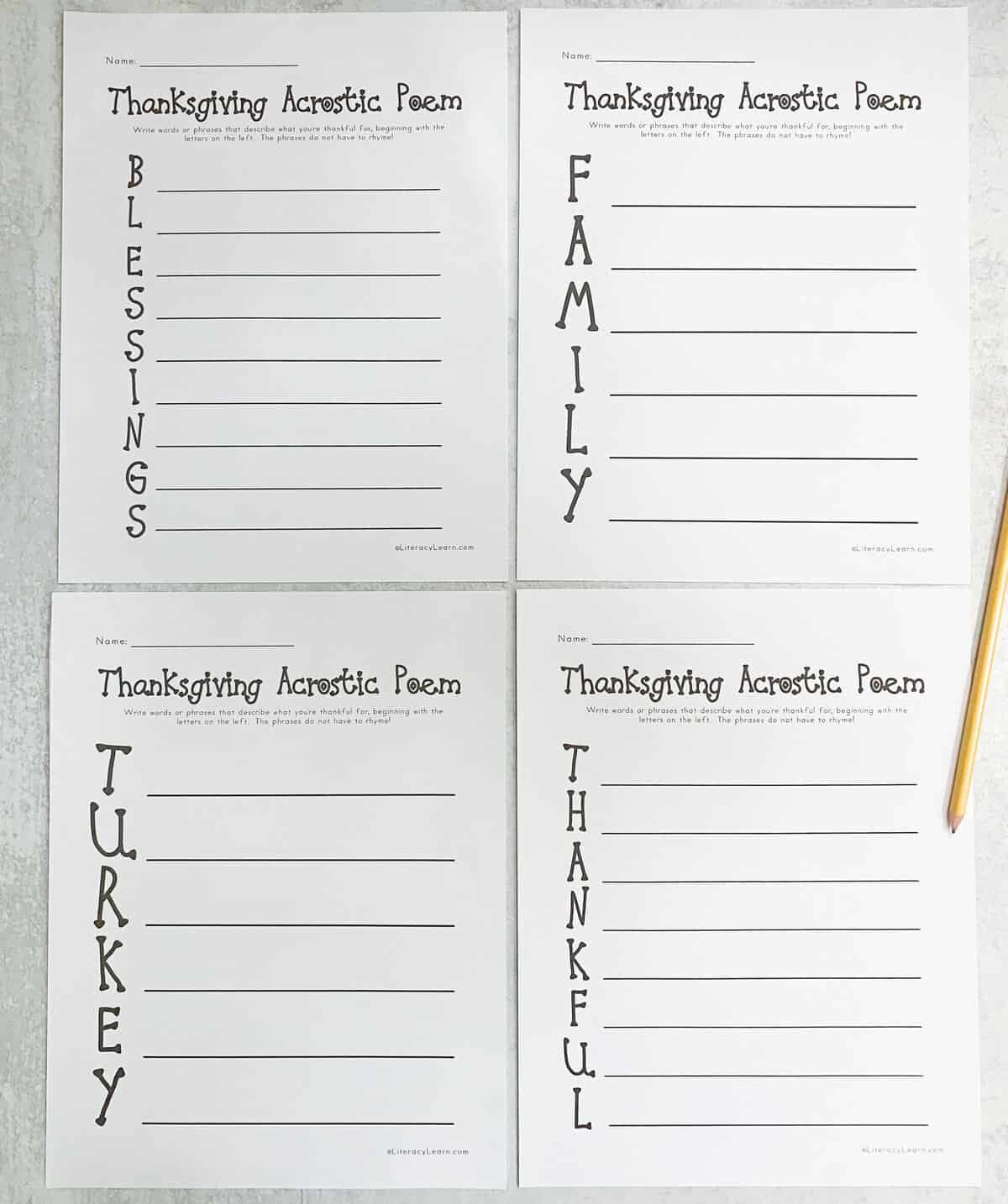Thanksgiving Acrostic Poems - 4 Free Printables - Literacy Learn pertaining to Thanksgiving Poem Worksheet