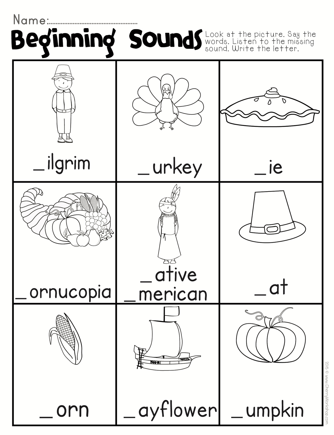 Thanksgiving Beginning Sound in Thanksgiving Beginning Sounds Worksheet