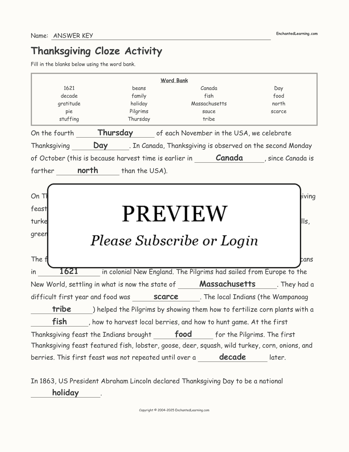 Thanksgiving Cloze Activity - Enchanted Learning throughout Thanksgiving Cloze Worksheets