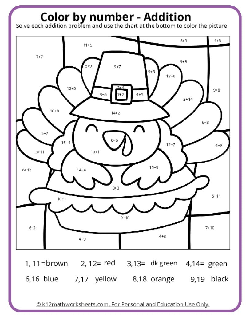 Thanksgiving Colornumber Pages - K12 Math Worksheets inside Thanksgiving 4Th Grade Worksheets