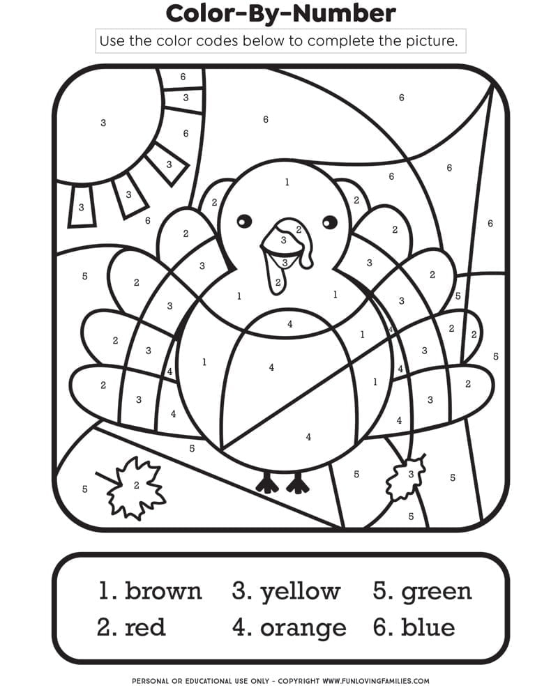Thanksgiving Colornumber Printable Kids Activity - Fun Loving with Free Printable Color By Number Thanksgiving Worksheets