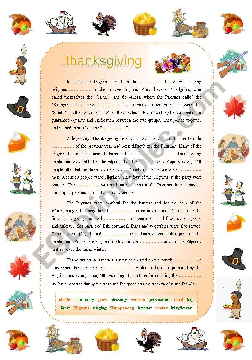 Thanksgiving: Complete-The-Gaps Reading With All The Main throughout Thanksgiving On Thursday Worksheets