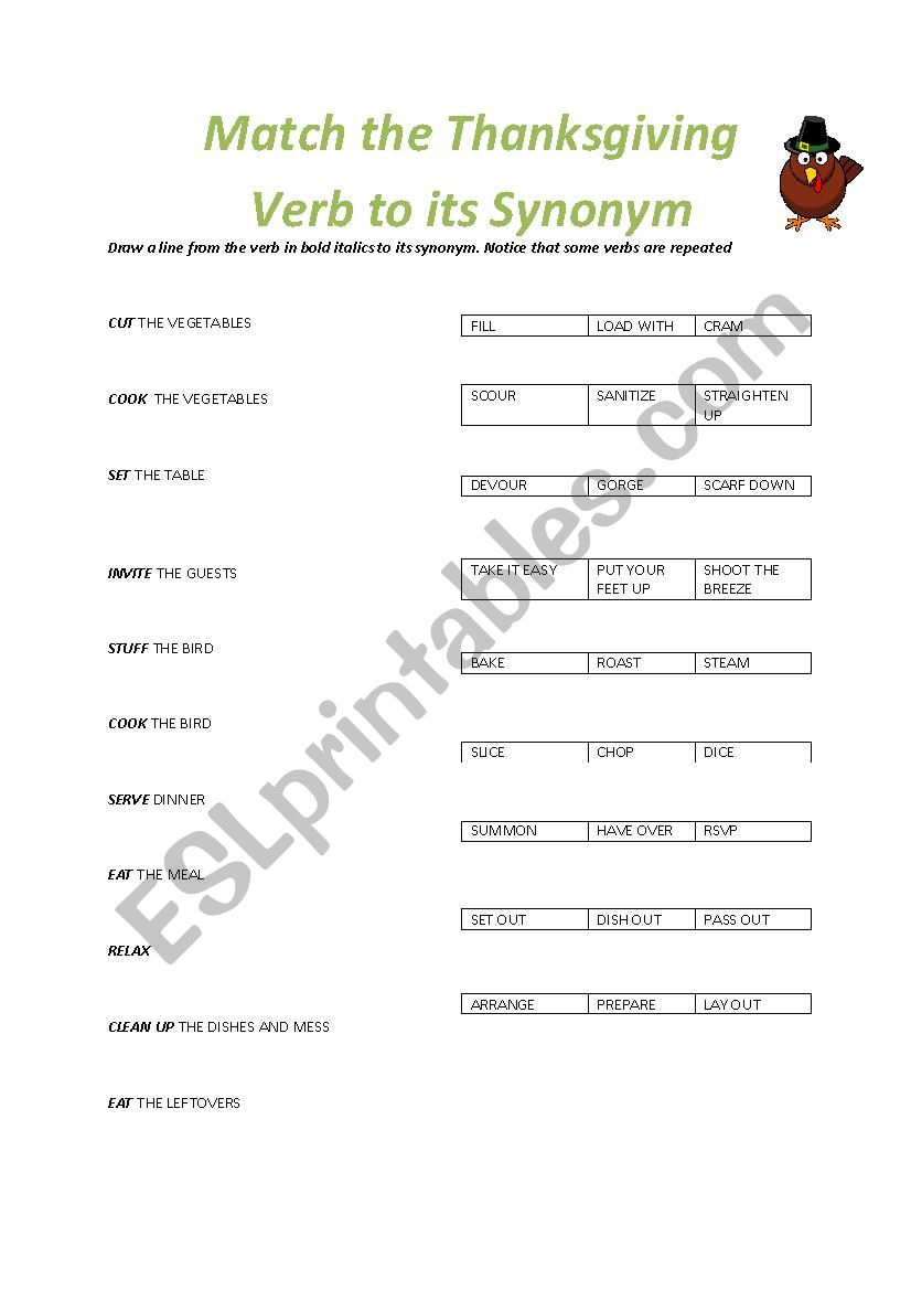 Thanksgiving Dinner Synonyms - Esl Worksheetupen Atem pertaining to Thanksgiving Synonyms Worksheet