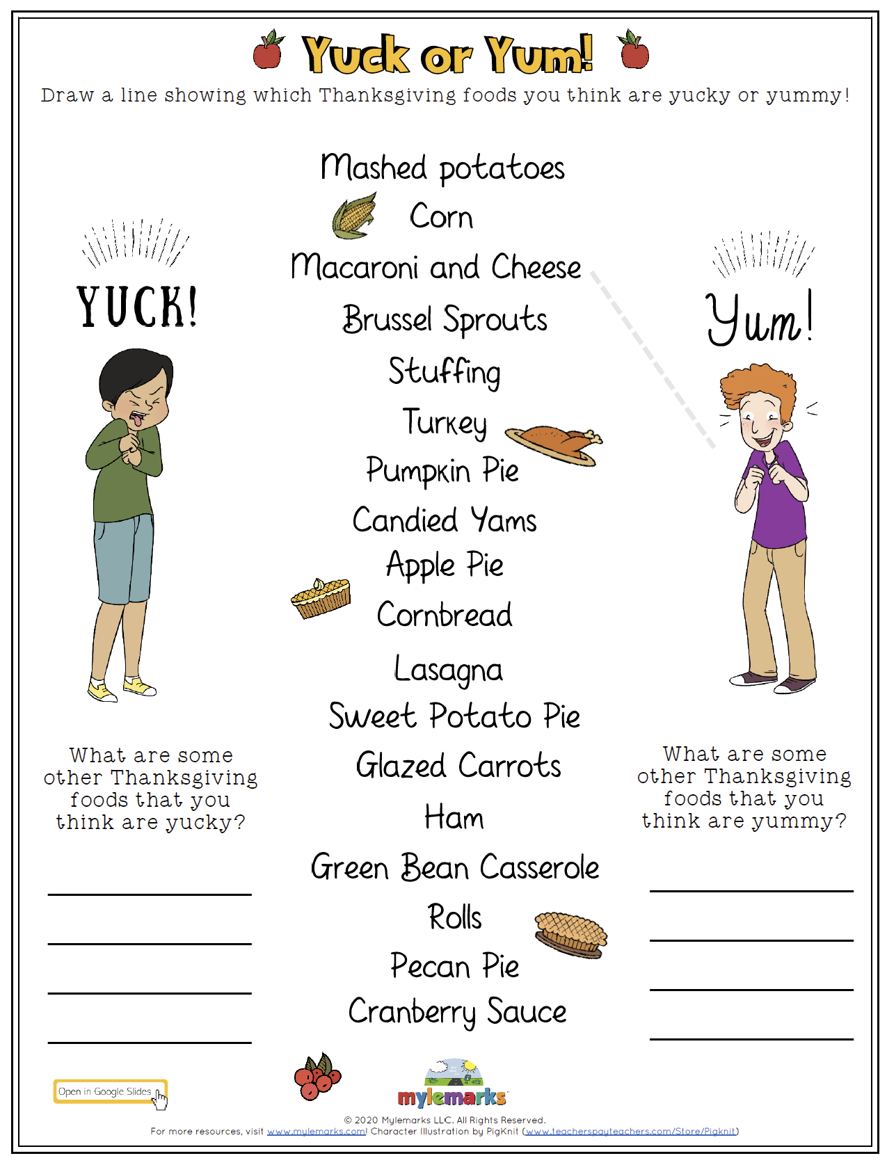 Thanksgiving Foods Yuck Or Yum! (Gs) with Thanksgiving Foods Worksheet