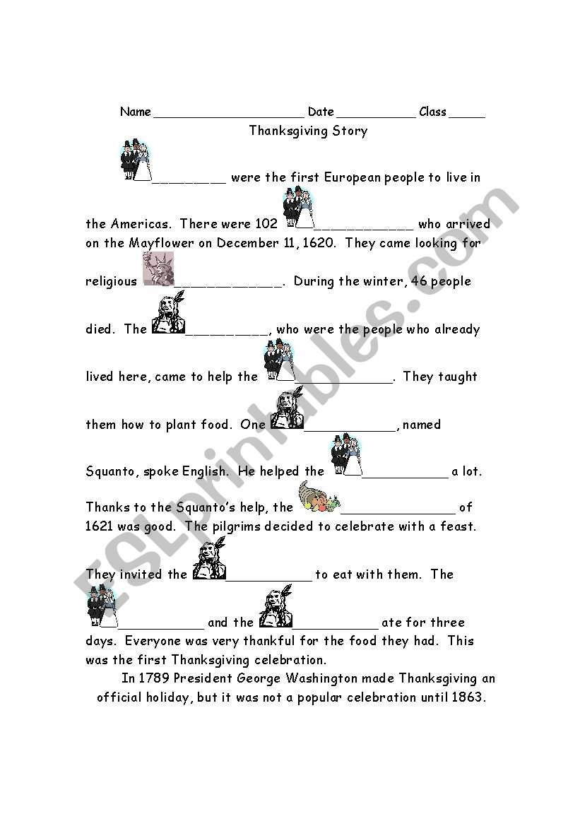 Thanksgiving History Cloze #1 - Esl Worksheetsuperjoy inside Thanksgiving Cloze Worksheets