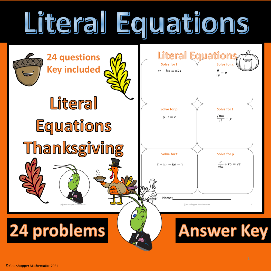 Thanksgiving Literal Equations | Madeteachers intended for Thanksgiving Solving Equations Worksheets