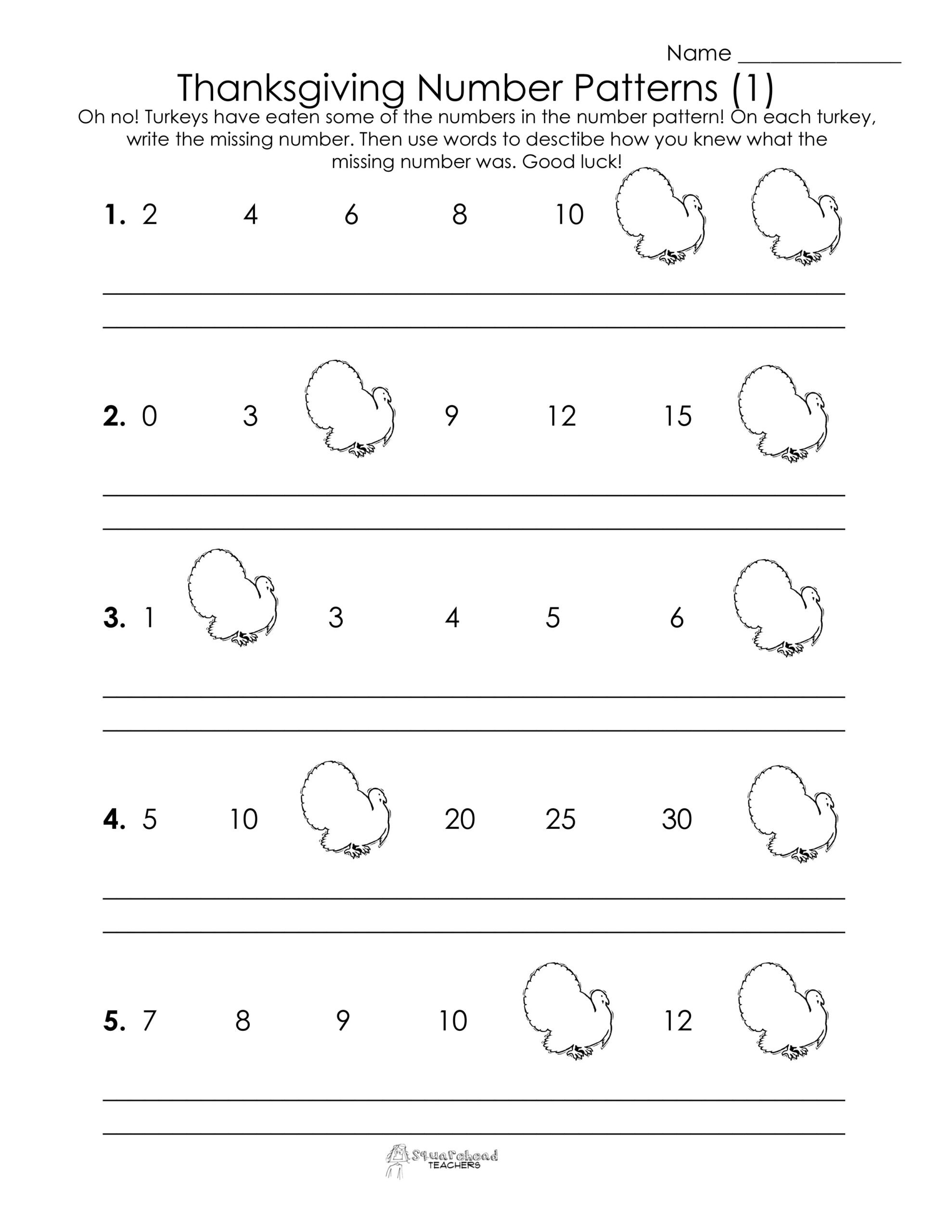Thanksgiving Number Patterns (Free Worksheets!) | Squarehead Teachers in Thanksgiving Integer Worksheet