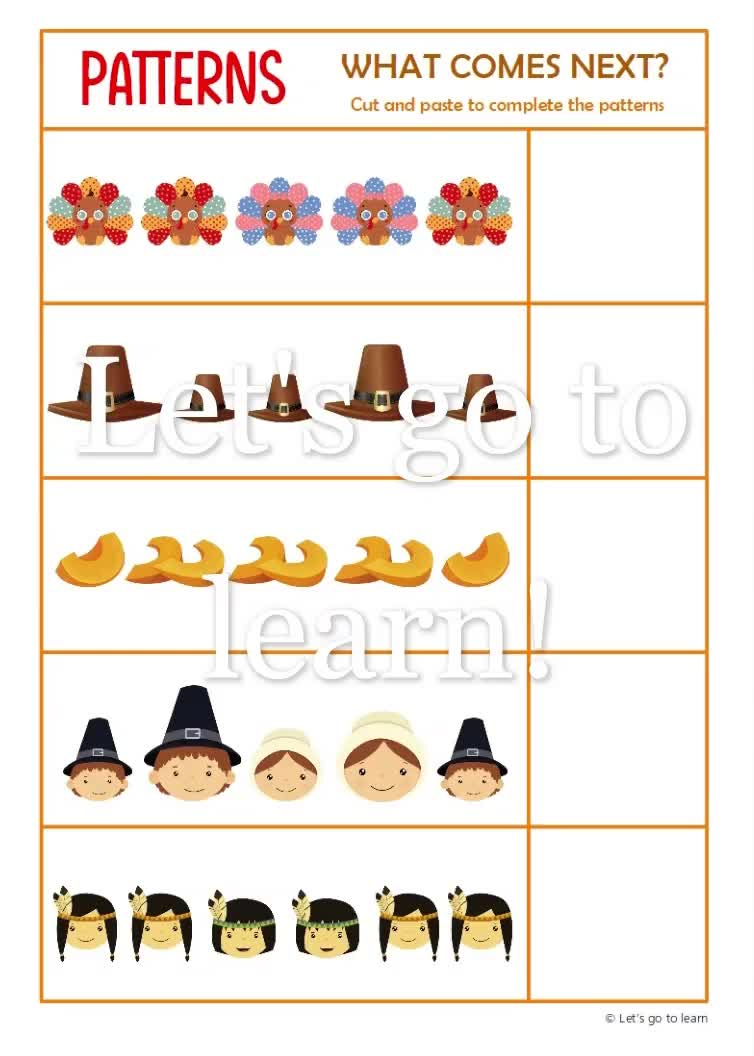 Thanksgiving Pattern Worksheets - What Comes Next Activity - Preschool &amp;amp;  Kindergarten - Homeschool - Busy Book Pages - Educational Printable throughout Thanksgiving Pattern Worksheets For Preschoolers