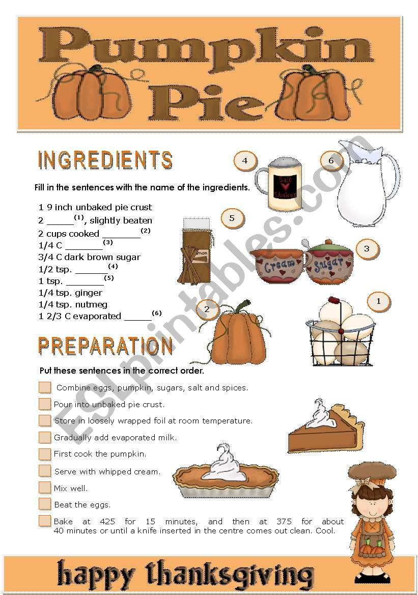 Thanksgiving Pumpkin Pie - Esl Worksheetteresaraiva inside Thanksgiving and the Pumpkin Pie Worksheet