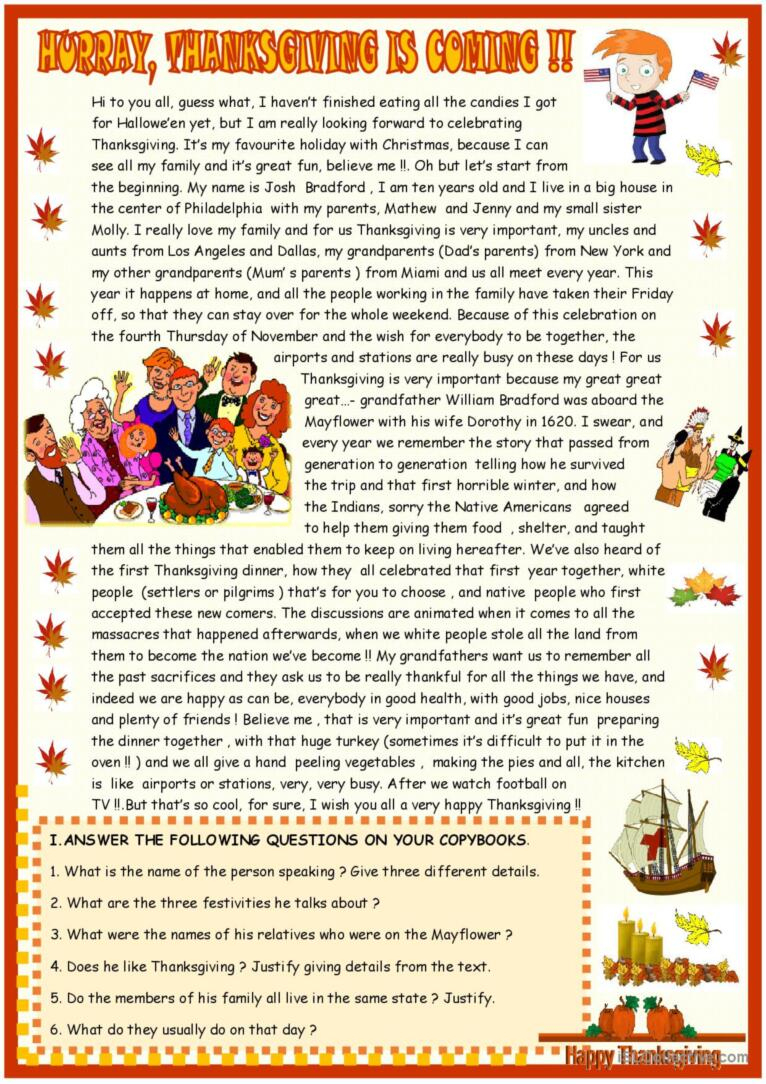 Thanksgiving : Reading Comprehension…: English Esl Worksheets Pdf within Thanksgiving Reading Comprehension Worksheet