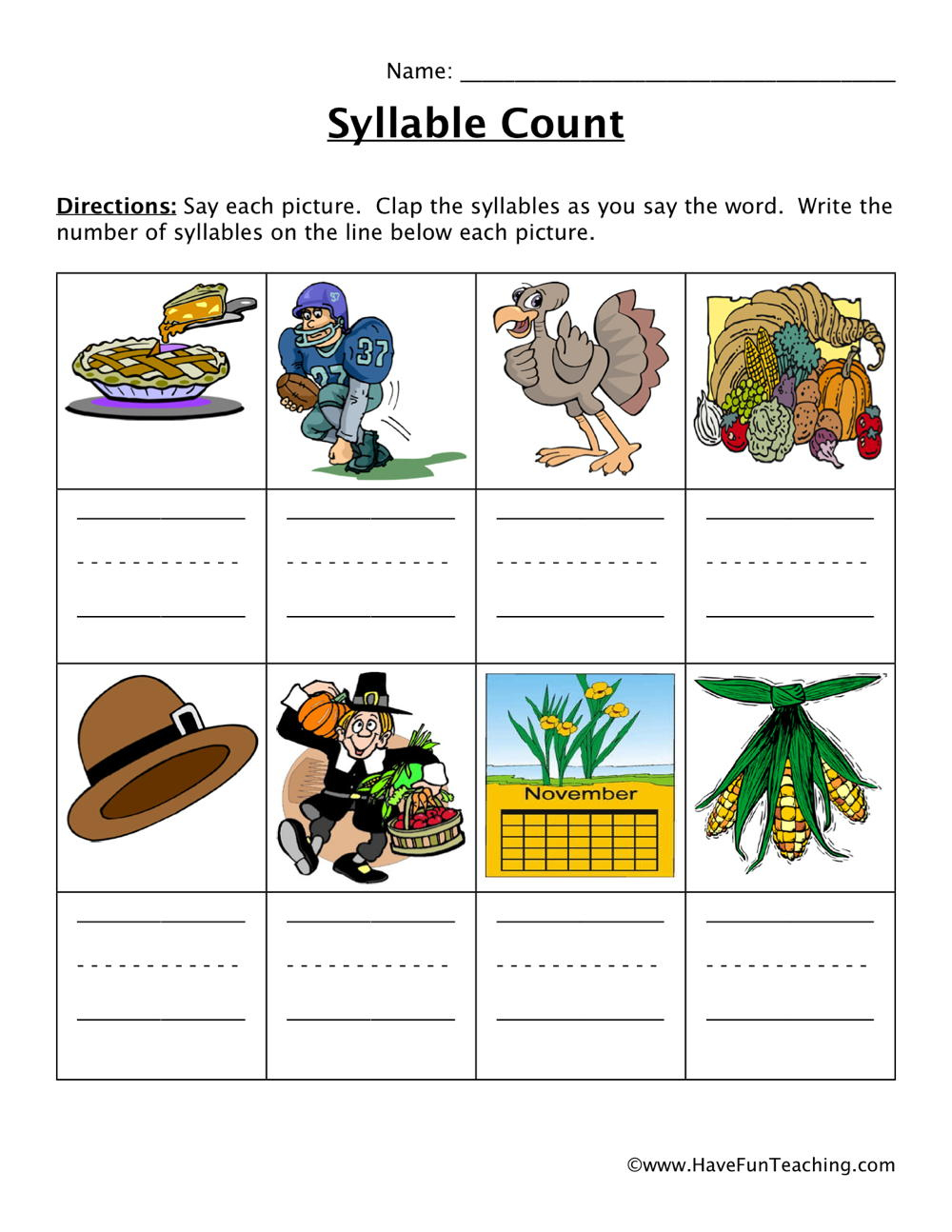 Thanksgiving Syllables Worksheet - Have Fun Teaching for Thanksgiving Syllable Worksheets