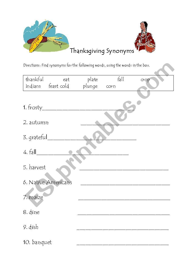 Thanksgiving Synonyms - Esl Worksheetsteveheintz inside Thanksgiving Synonyms Worksheet