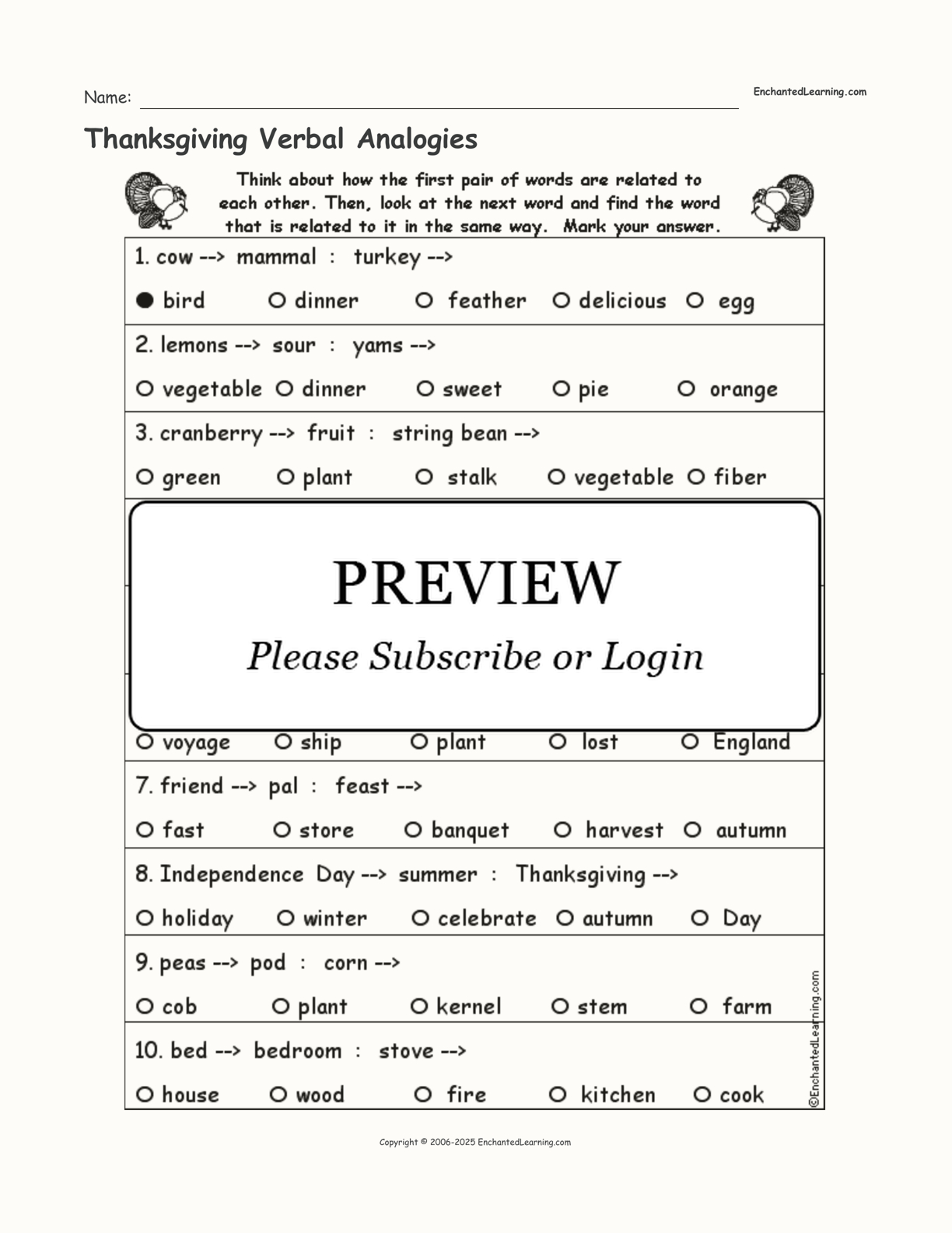 Thanksgiving Verbal Analogies - Enchanted Learning for Thanksgiving Analogies Worksheet Answer Key