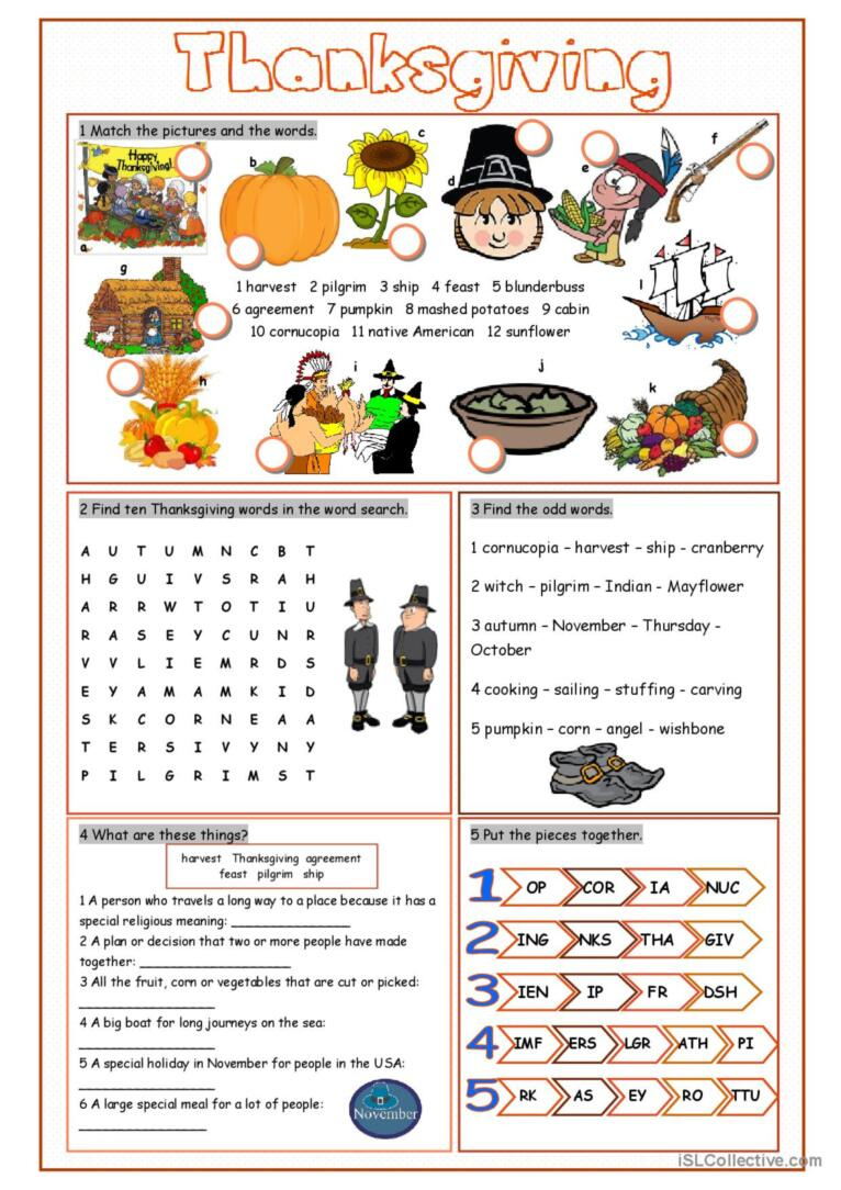Thanksgiving Vocabulary Exercises Wo…: English Esl Worksheets Pdf within Thanksgiving On Thursday Worksheets