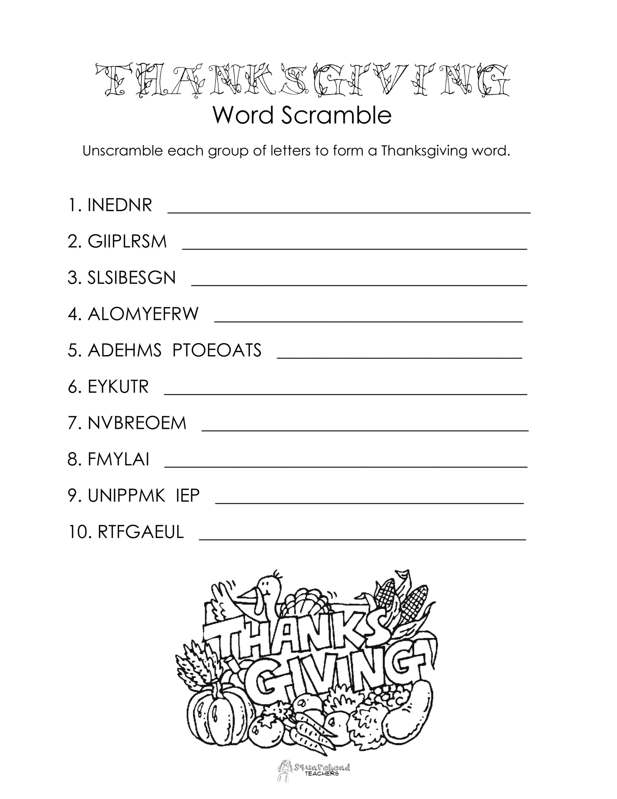 Thanksgiving Word Scramble (Free Worksheet) | Squarehead Teachers throughout Thanksgiving Word Scramble Worksheet