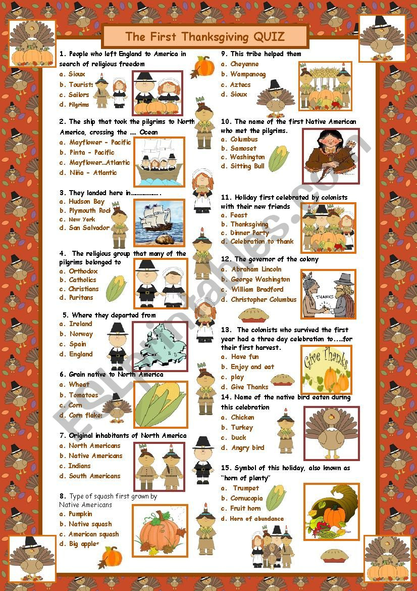 The First Thanksgiving Quiz (With Answers) - Esl Worksheetmaguyre with regard to Thanksgiving Worksheet Answers