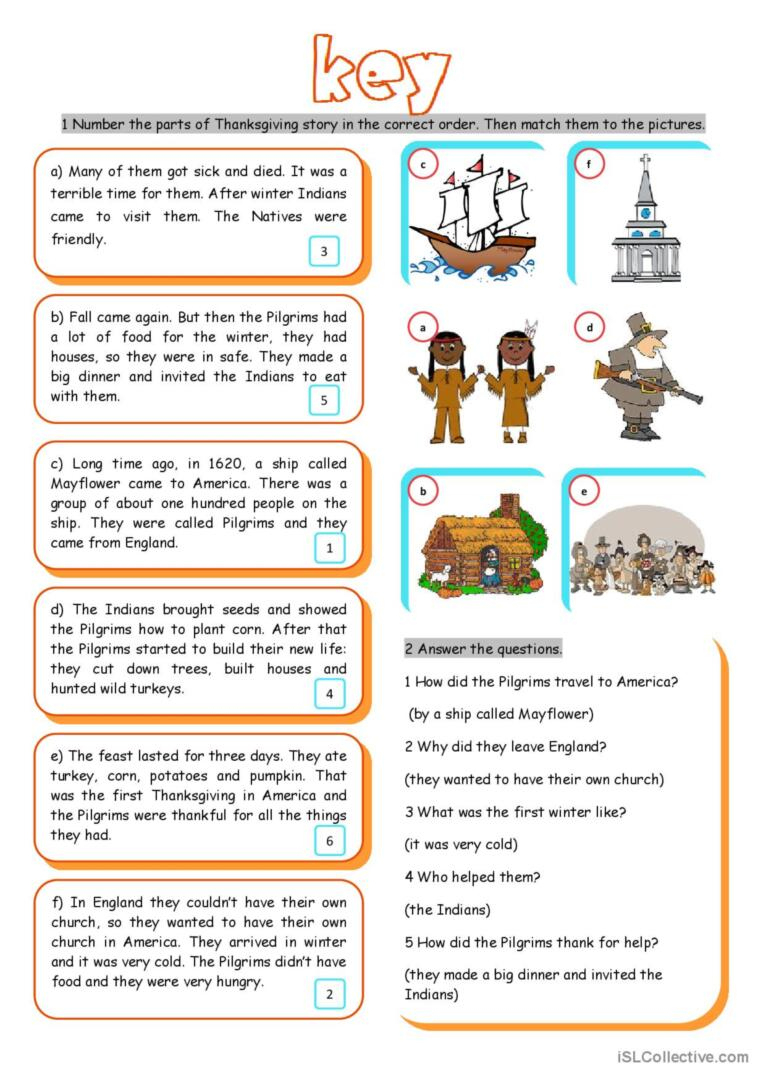 The First Thanksgiving Reading For D…: English Esl Worksheets Pdf intended for First Thanksgiving Reading Comprehension Worksheet