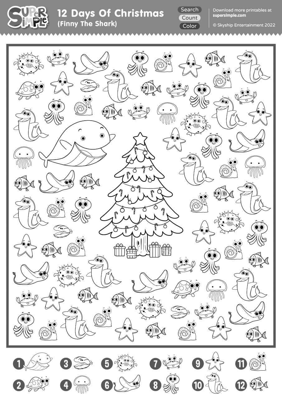 12 Days Of Christmas (Finny The Shark) - Search, Count, &amp;amp; Color throughout Twelve Days of Christmas Worksheets