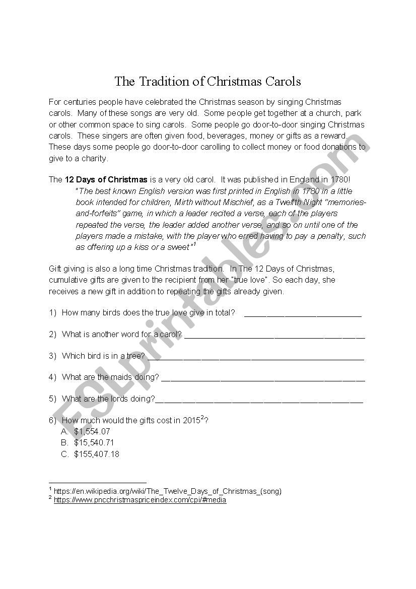 12 Days Of Christmas (History And Worksheet) - Esl Worksheet regarding 12 Days Of Christmas Cost Worksheets