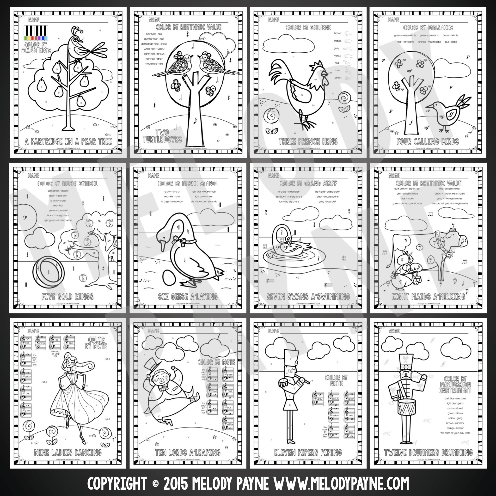 12 Days Of Christmas Music Coloring Pages - Notes, Rhythms for Cost of the 12 Days of Christmas Worksheets