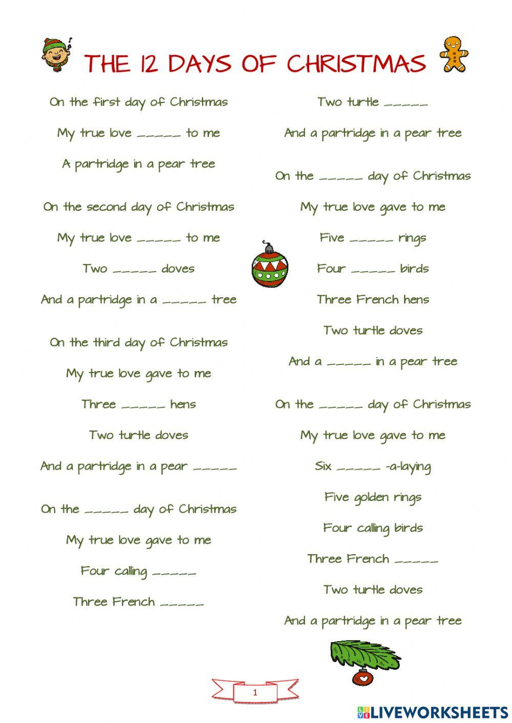 12 Days Of Christmas Worksheet - Worksheets Library throughout The 12 Days Of Christmas Worksheets