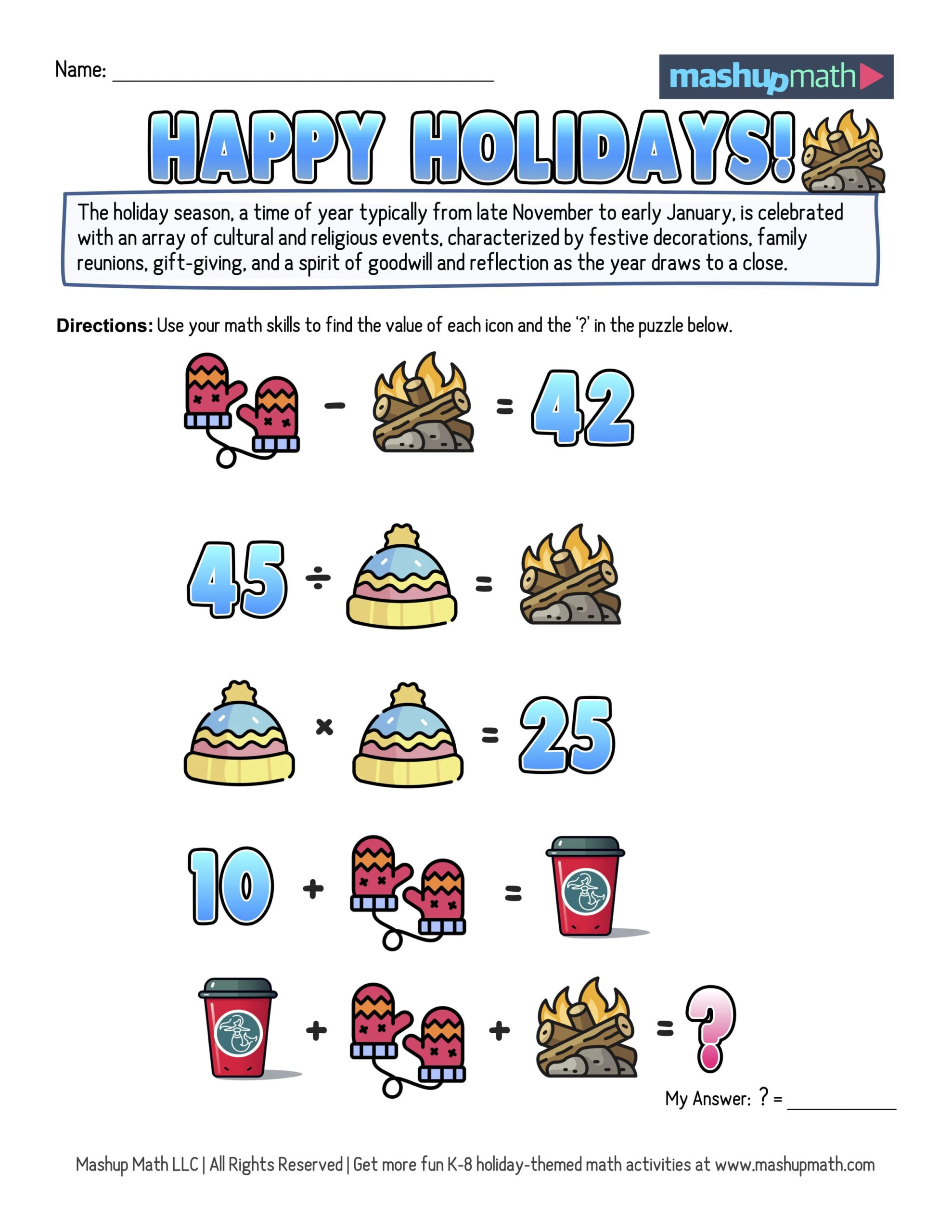 12 Days Of Holiday Math Puzzles—Printable K-8 Worksheets — Mashup Math in 12 Days Of Christmas Math Worksheets Answers