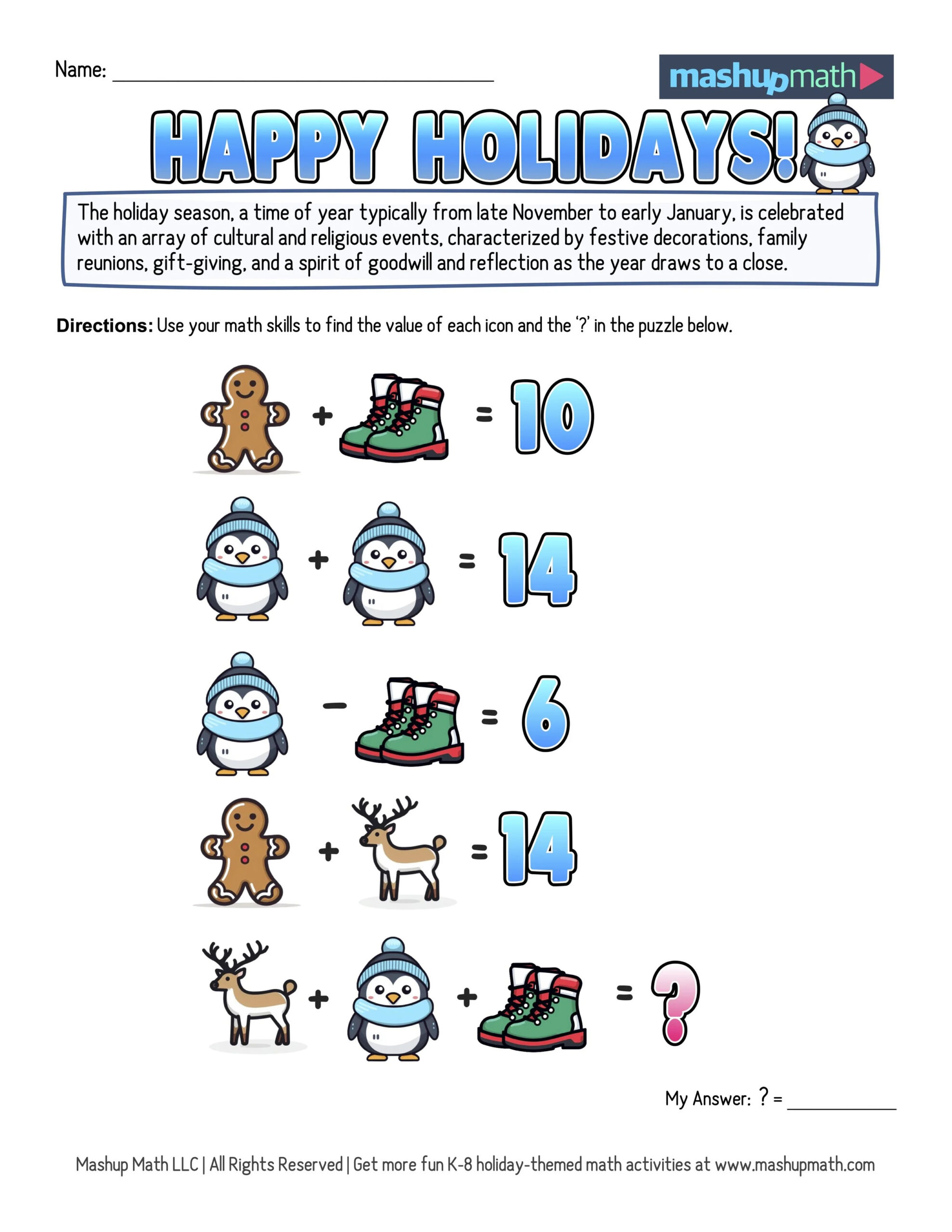 12 Days Of Holiday Math Puzzles—Printable K-8 Worksheets — Mashup Math in 12 Days Of Christmas Math Worksheets Answers