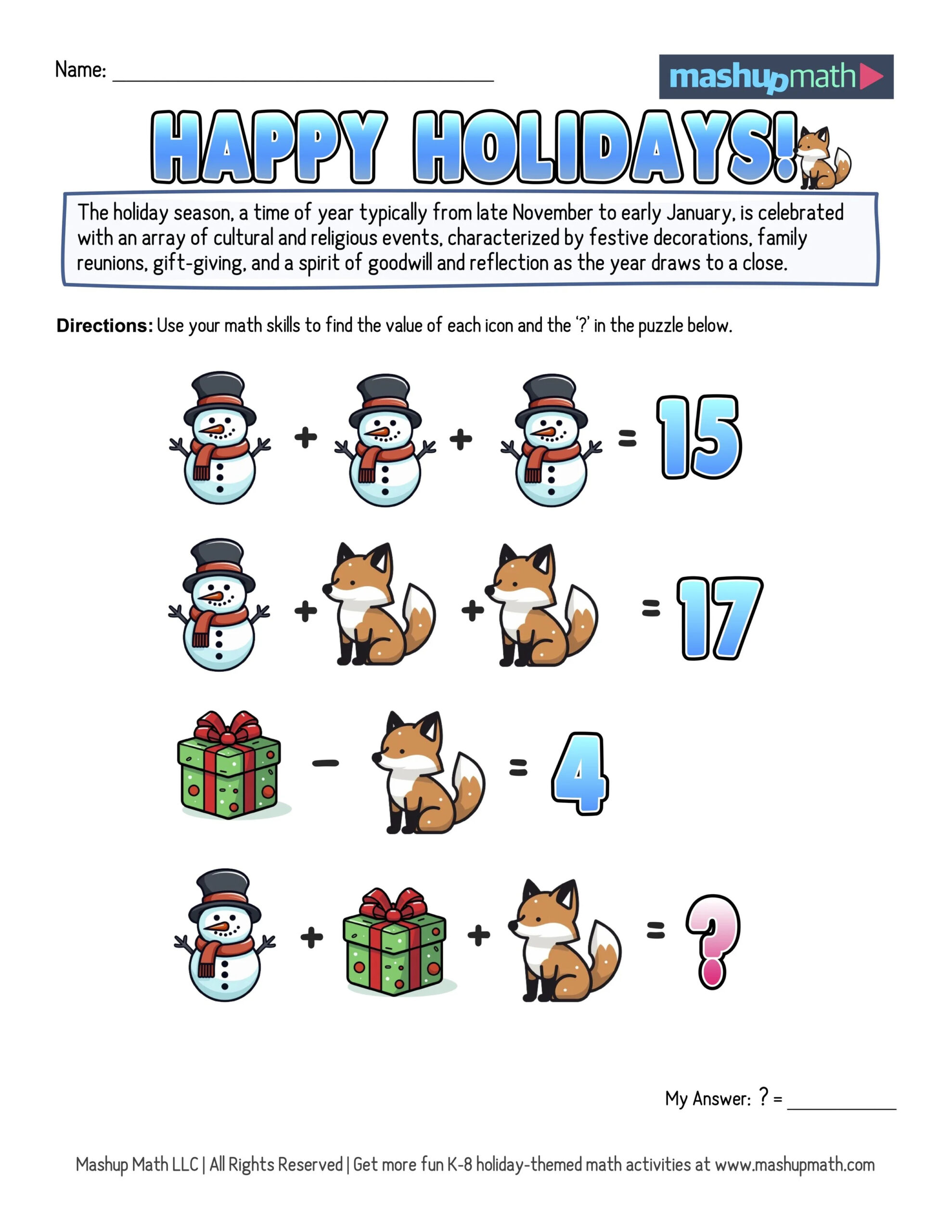12 Days Of Holiday Math Puzzles—Printable K-8 Worksheets — Mashup Math in 12 Days Of Christmas Math Worksheets Answers