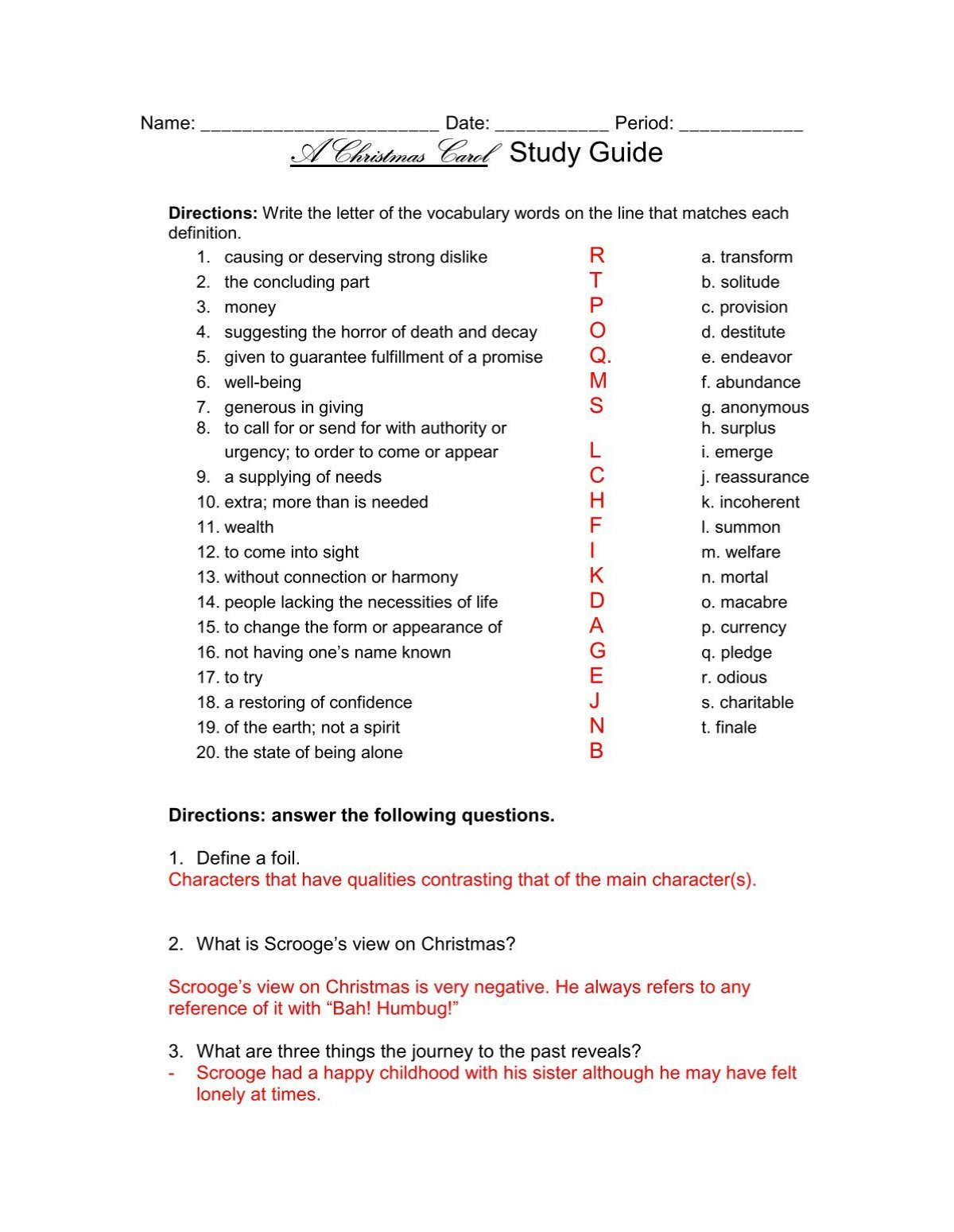 A Christmas Carol Study Guide - Answer Key with A Christmas Carol Worksheets Answers