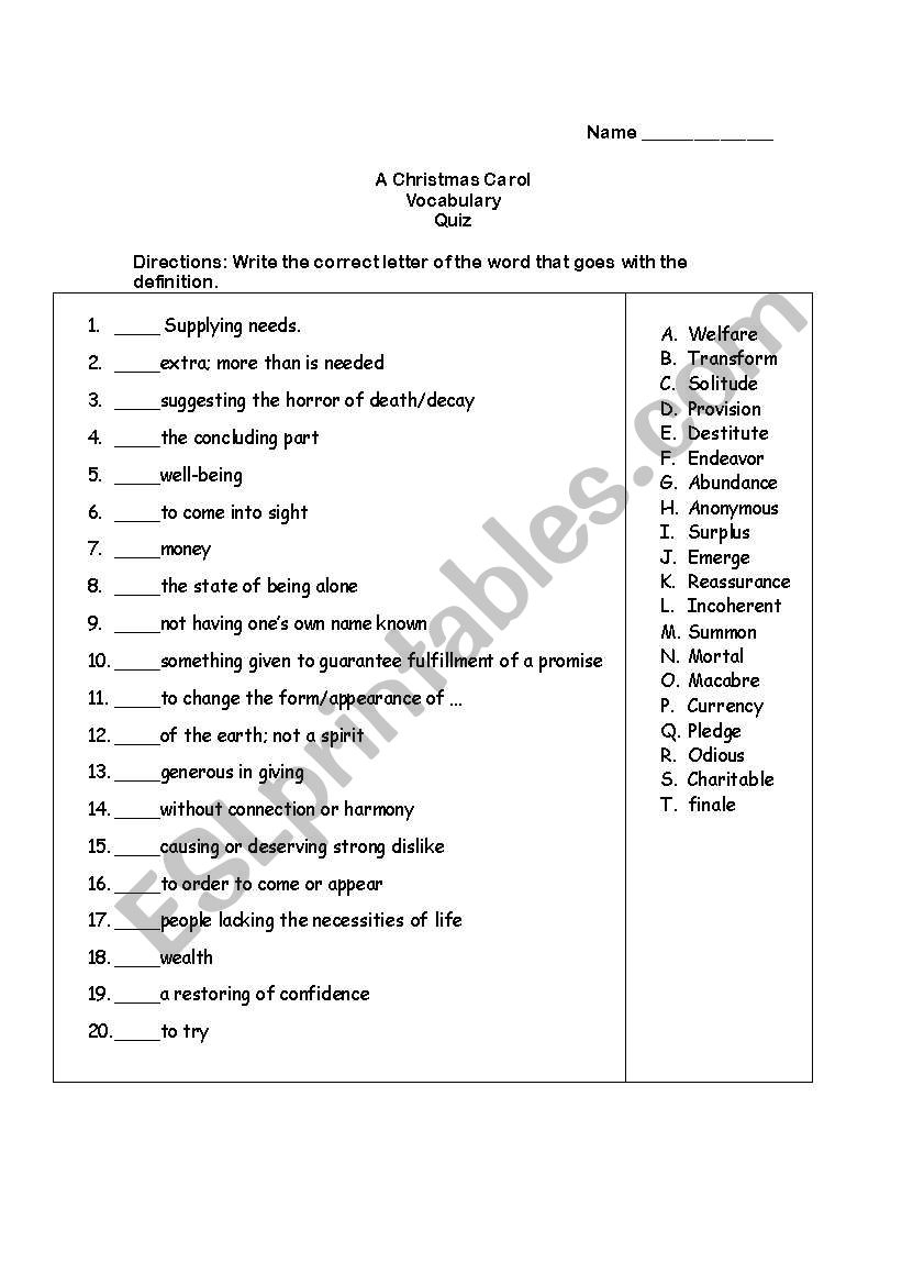 A Christmas Carolcharles Dickens Vocabulary Quiz - Esl inside A Christmas Carol Vocabulary Worksheets Answers