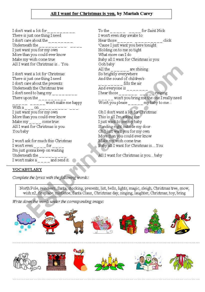 All I Want For Christmas Is You, Mariah Carey - Esl Worksheet with regard to All I Want For Christmas Worksheets