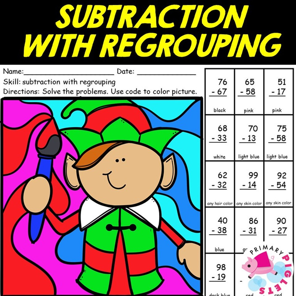 Christmas 2-Digit Subtraction With Regrouping Colornumber Code regarding Christmas Subtraction Worksheets Regrouping