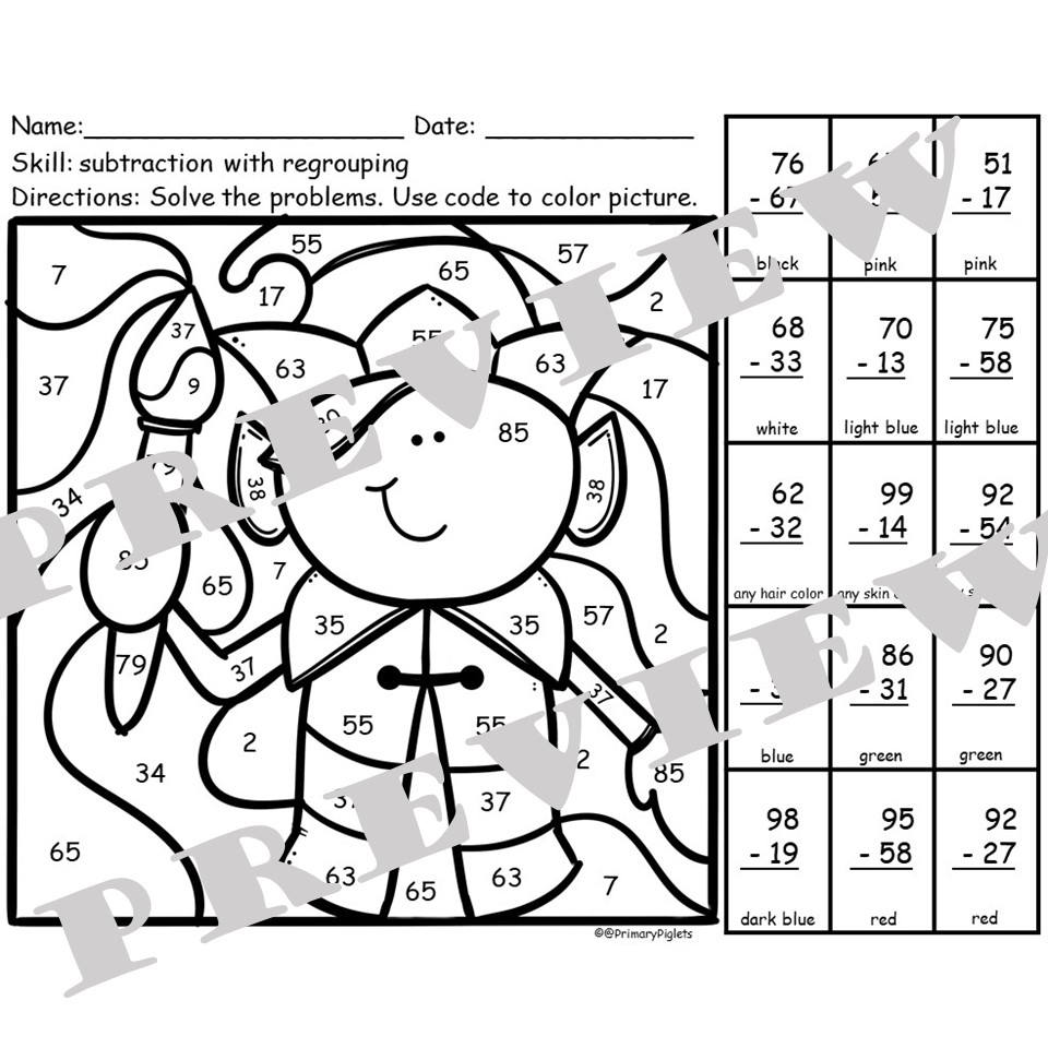 Christmas 2-Digit Subtraction With Regrouping Colornumber Code with regard to Subtraction With Regrouping Christmas Worksheets