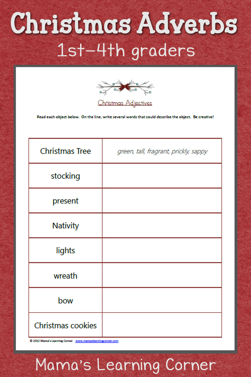 Christmas Adjectives Worksheet - Mamas Learning Corner regarding Christmas Grammar Worksheets Free