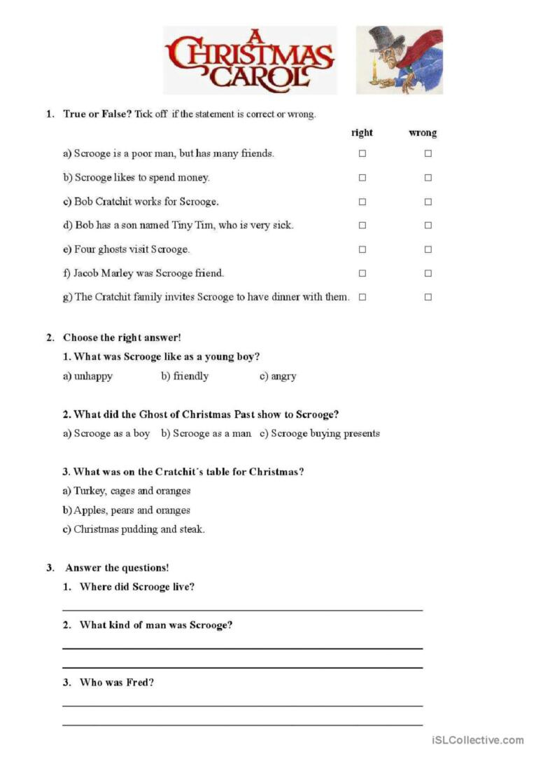 Christmas Carol : English Esl Worksheets Pdf & Doc for A Christmas Carol Worksheets Answers