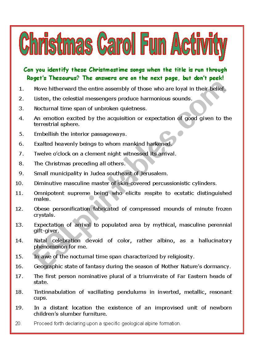 Christmas Carol Fun Activity - Esl Worksheetmulford for Name the Christmas Carol Worksheets