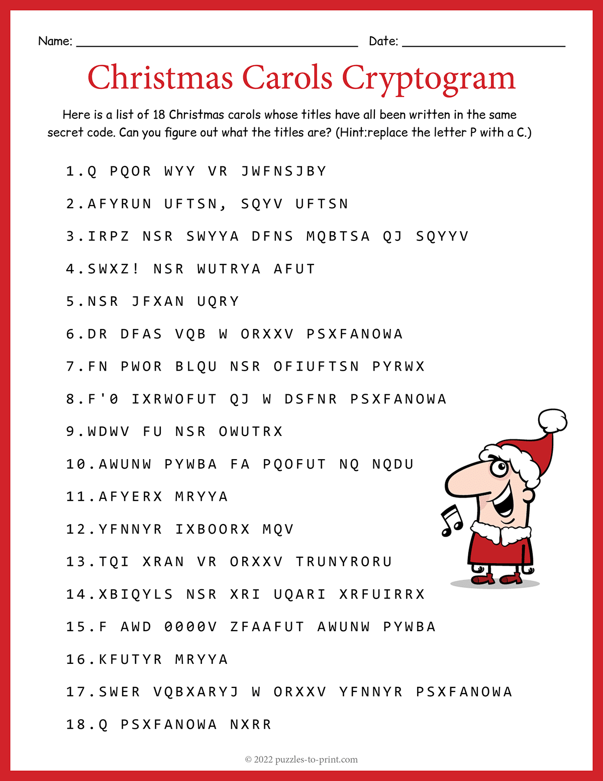 Christmas Carols Cryptogram regarding Christmas Carols Worksheets Picture Answers