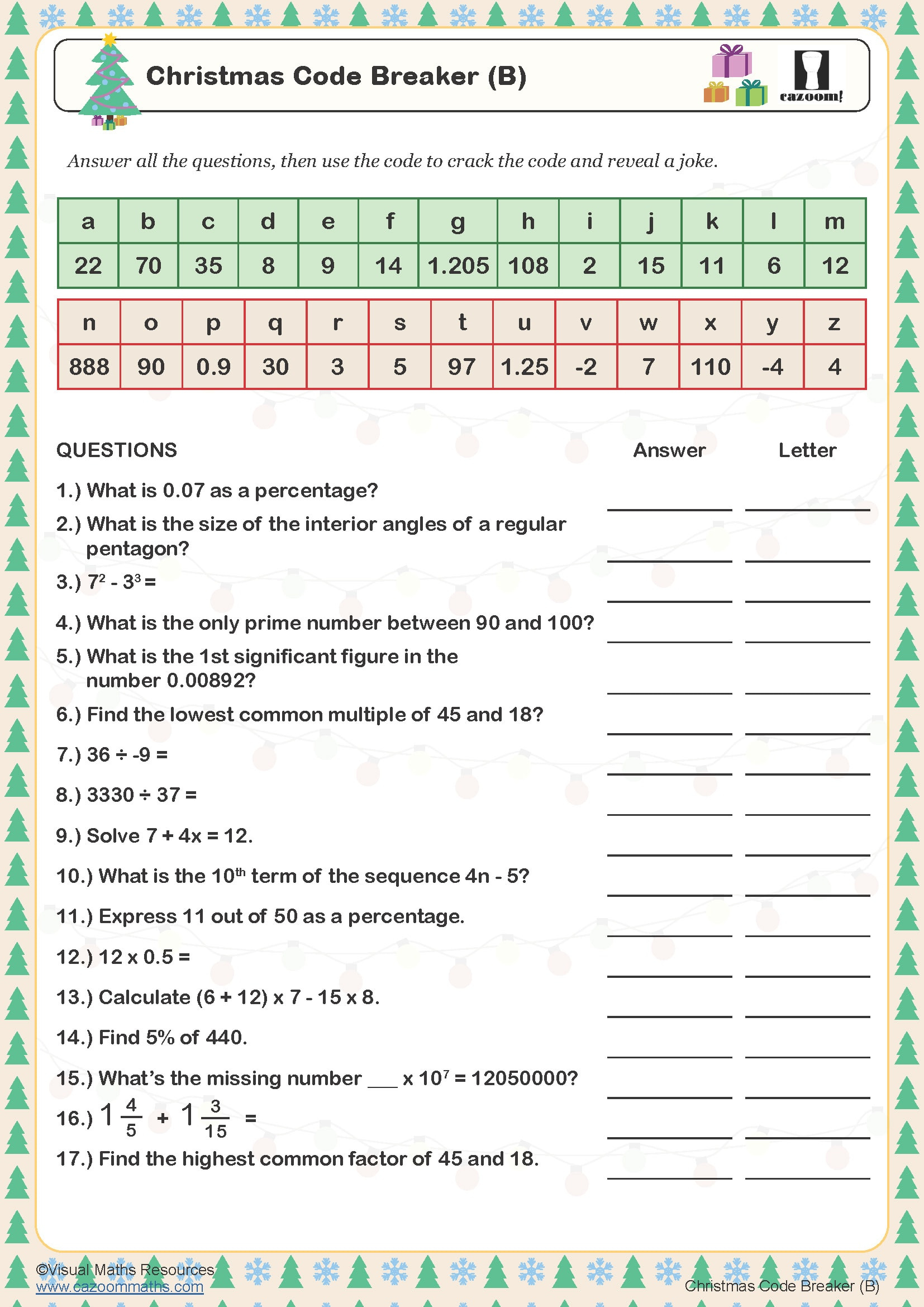 Christmas Code Breaker (B) Worksheet | Cazoom Maths Worksheets throughout Christmas Maths Year 6 Worksheets
