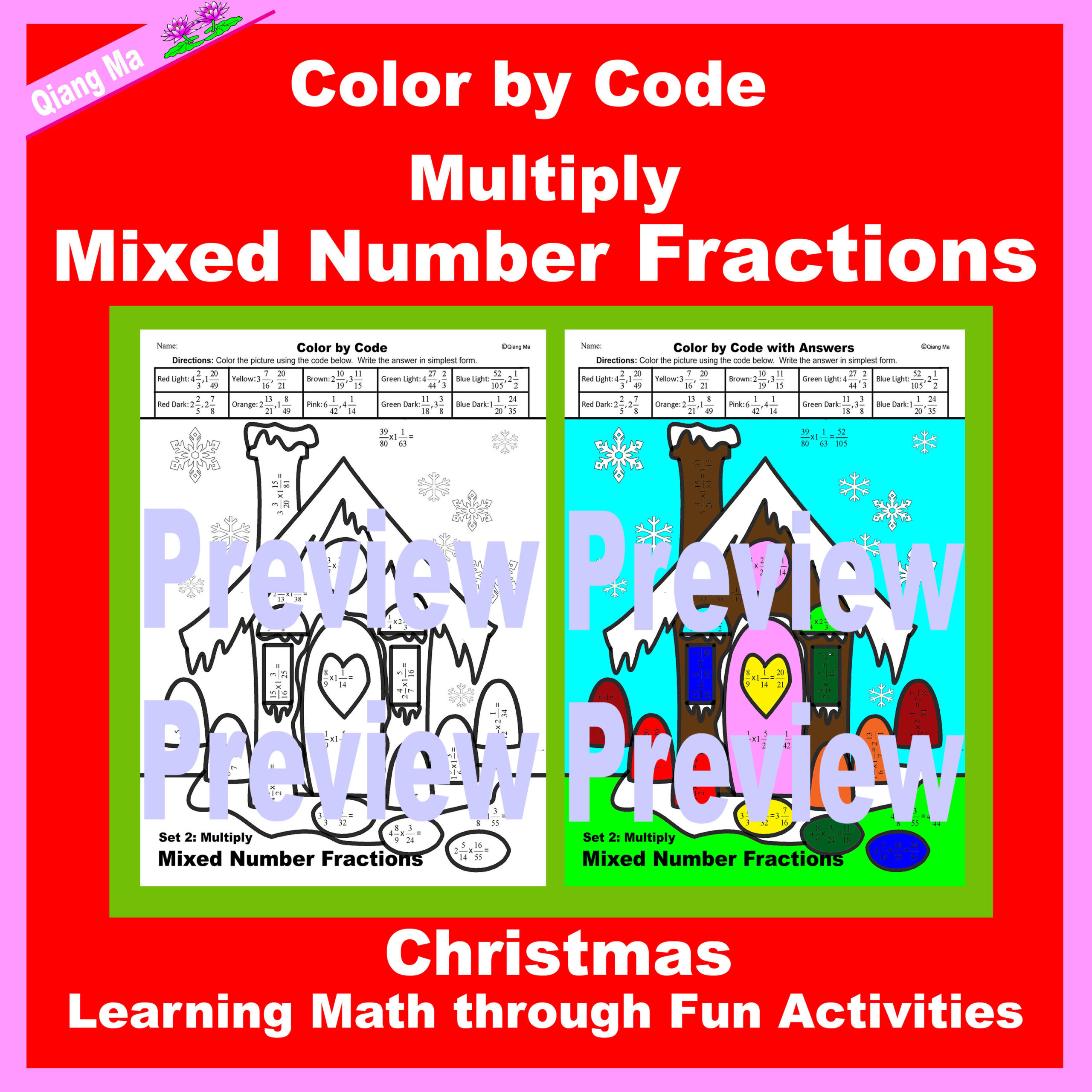 Christmas Colorcode: Multiply Mixed Number Fractions | Made within Multiplying Fractions Christmas Worksheets