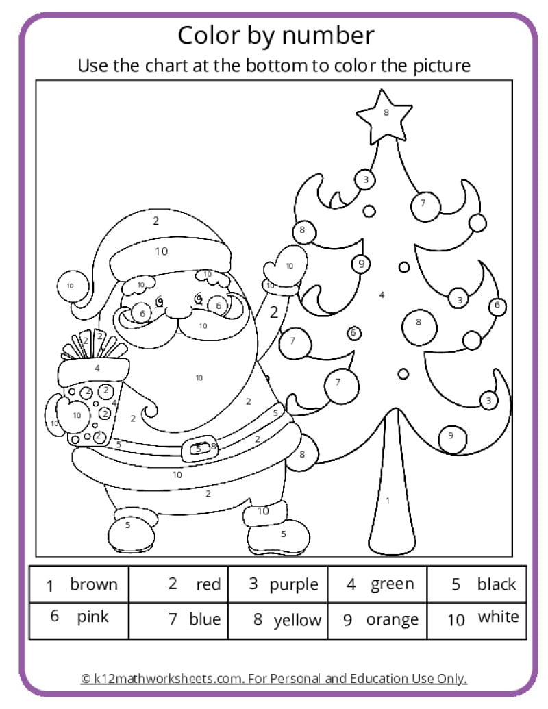 Christmas Colornumber Pages for Color By Number Worksheets For Kindergarten Christmas