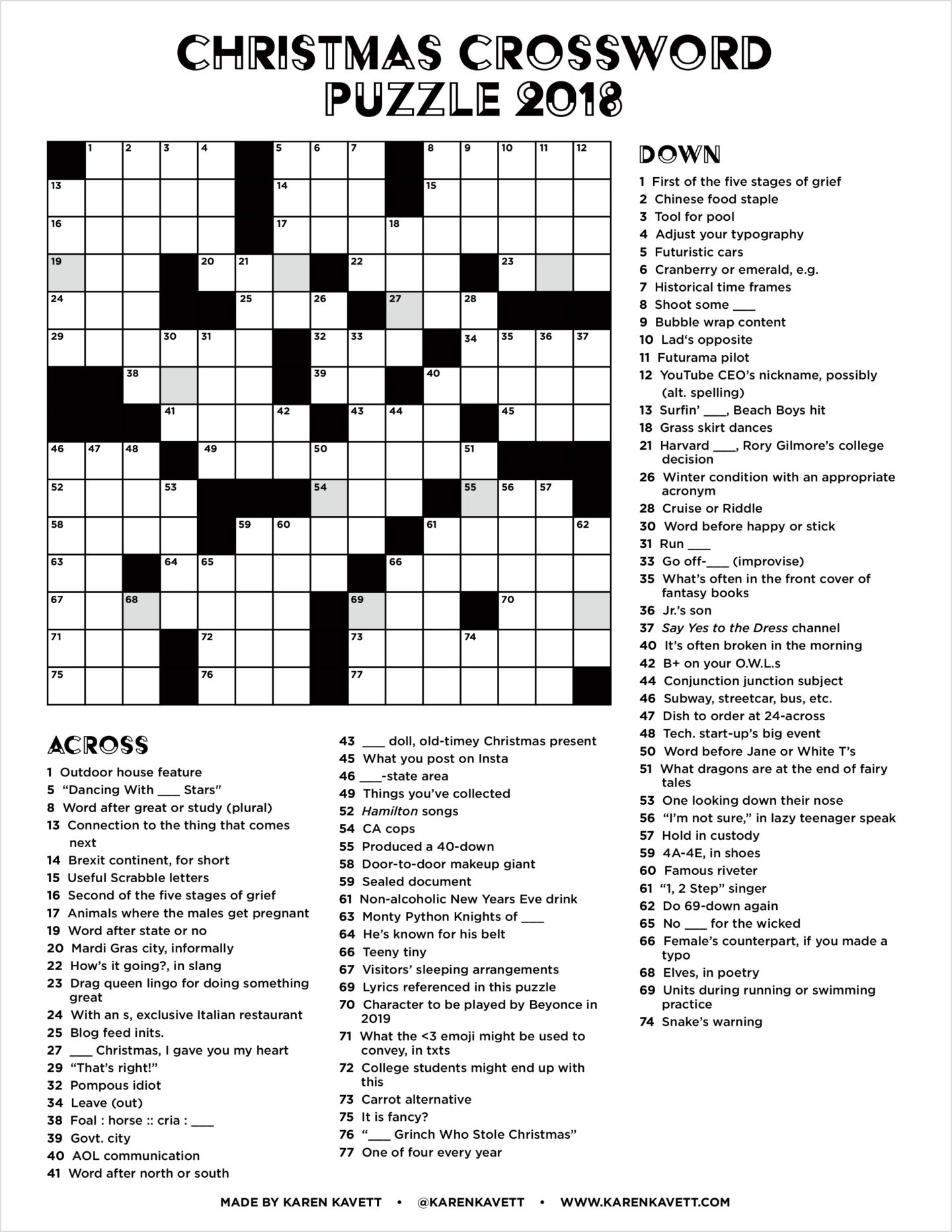 Christmas Crossword Puzzle 2018 - Karen Kavett throughout Christmas Crossword Puzzle Worksheets Answers