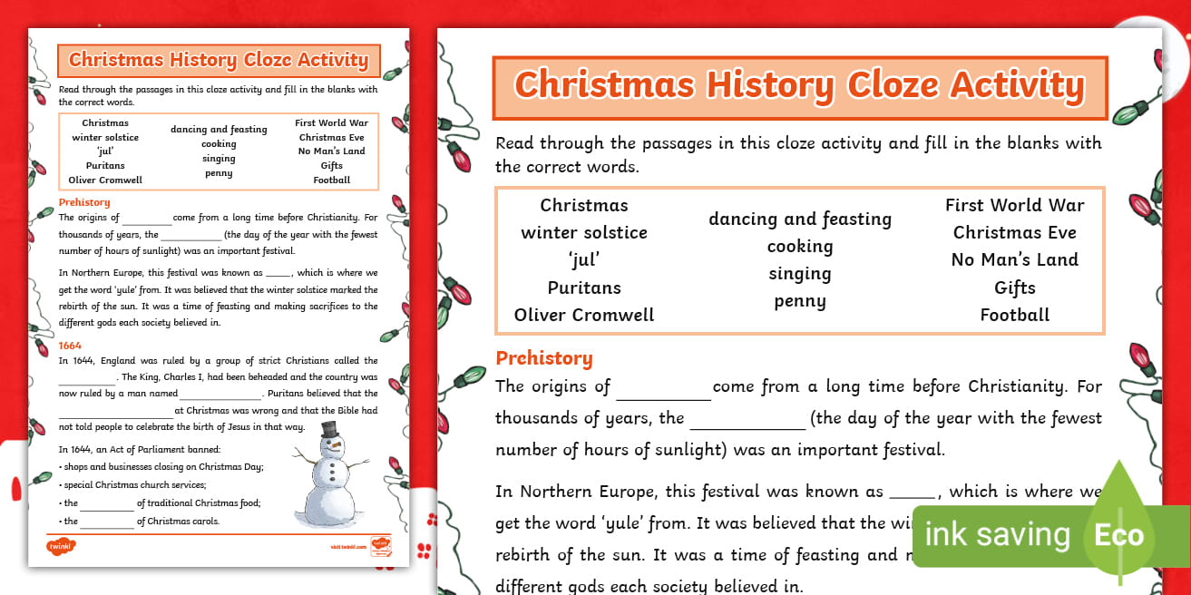 Christmas History Worksheet Cloze Activity regarding Christmas Cloze Worksheets Answers