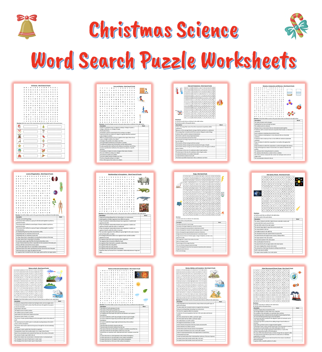 Christmas Holiday Science Word Search Puzzle Worksheets Bundle within Christmas Science Worksheets Middle School