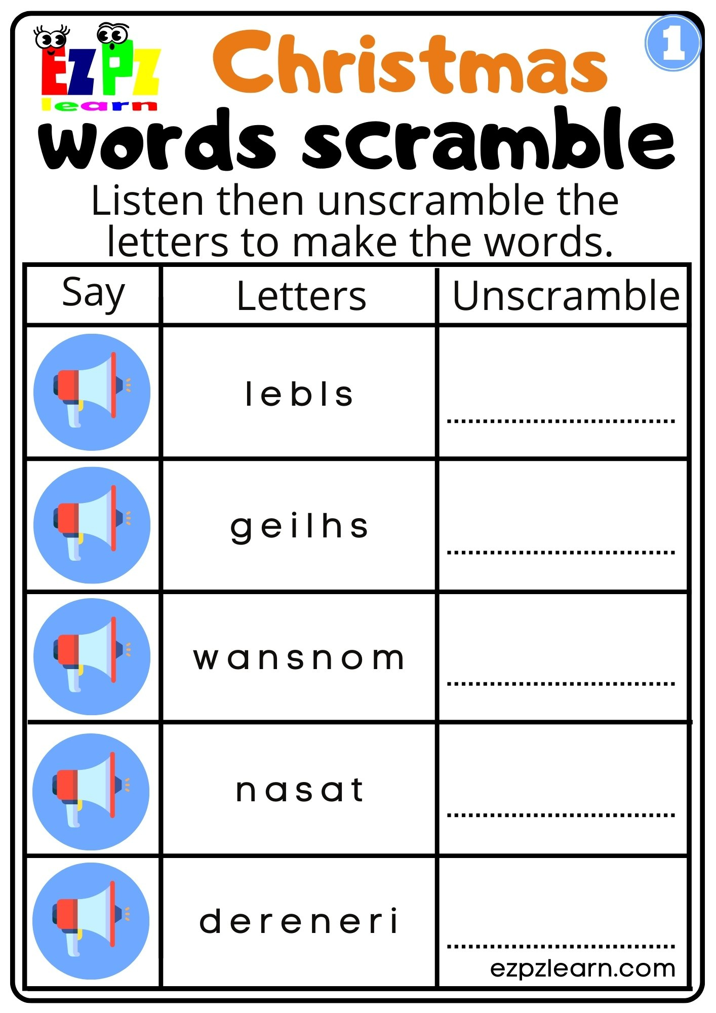 Christmas Interactive Worksheet Listen, Unscramble And Write The with Unscramble Christmas Words Worksheets