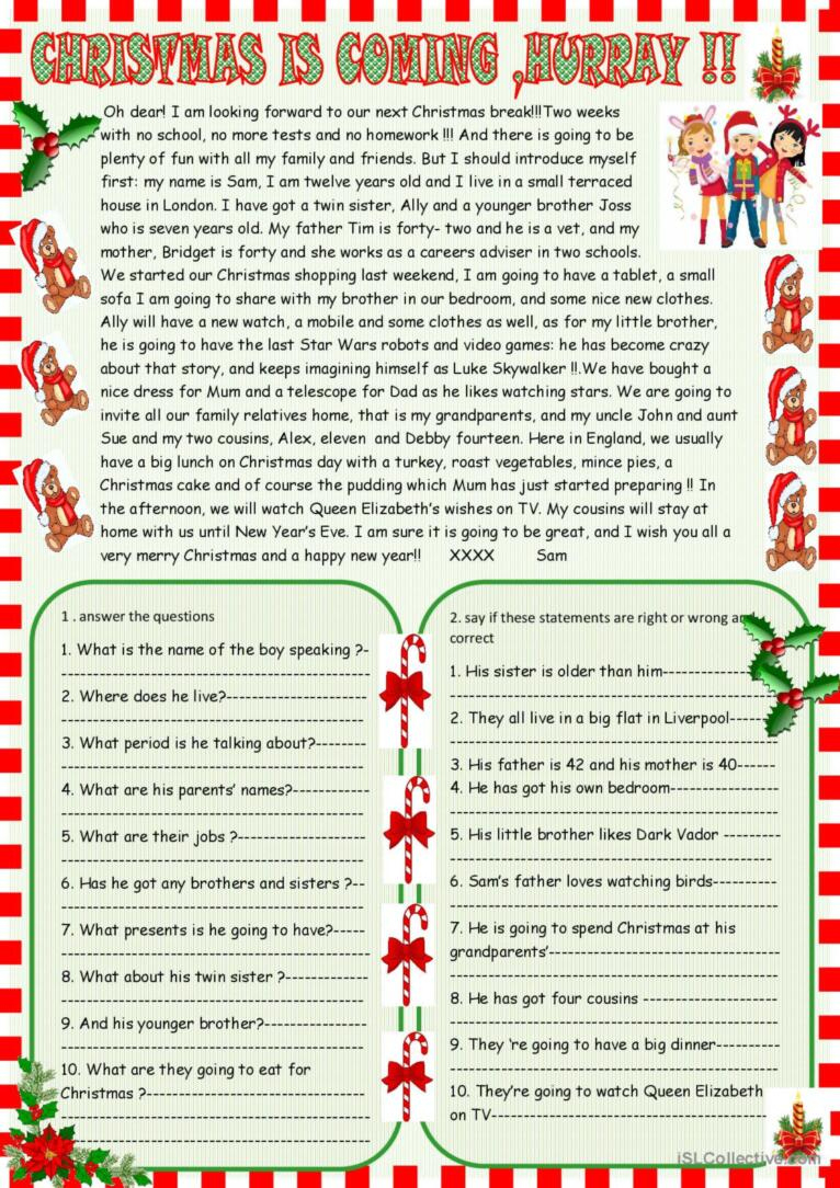 Christmas Is Coming : Christmas Re…: English Esl Worksheets Pdf &amp;amp; Doc inside Christmas Day Reading Comprehension Worksheets