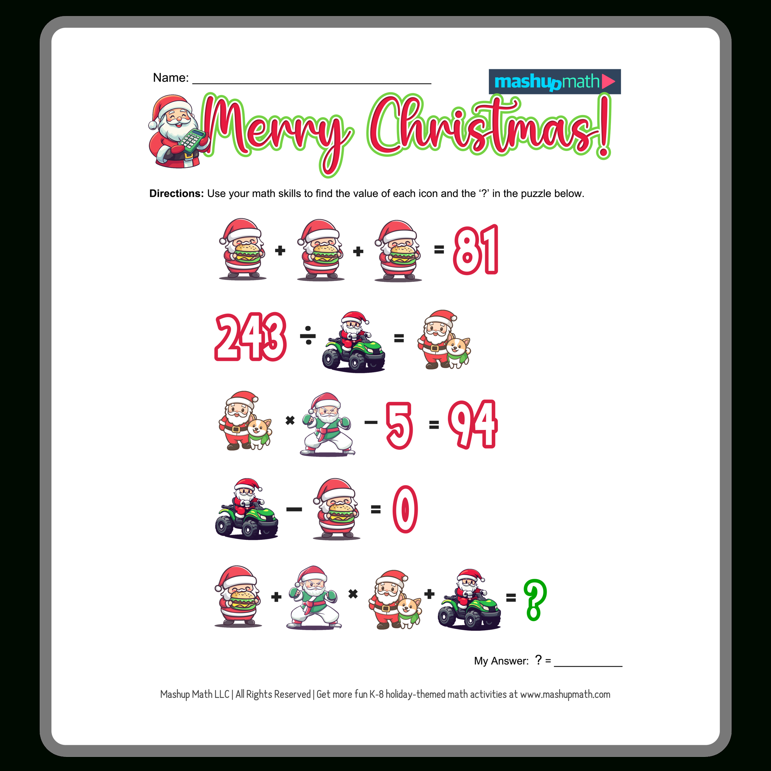 Christmas Math Worksheets For K-8—Printable With Answers — Mashup Math regarding Christmas Values Worksheets Answers
