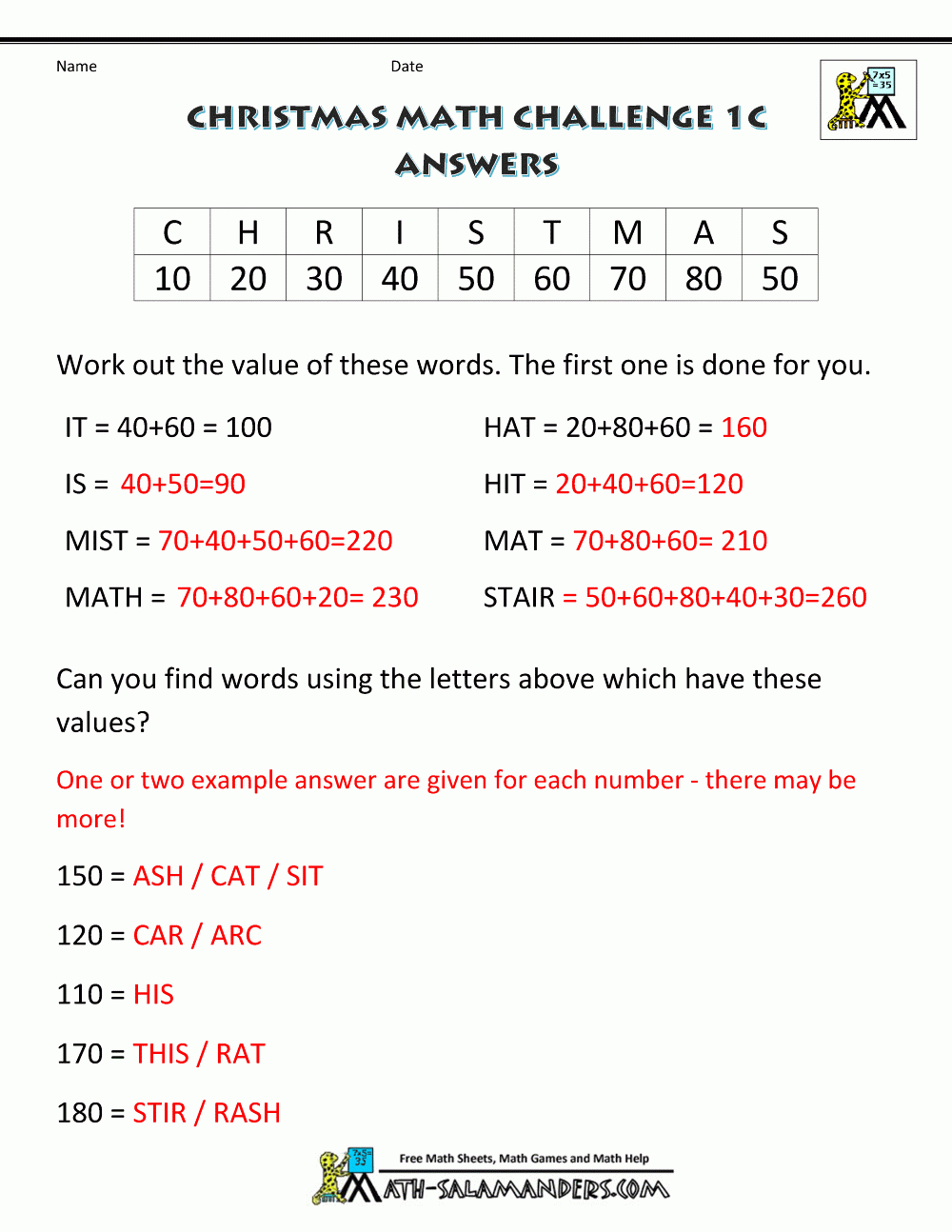 Christmas Math Worksheets (Harder) intended for Christmas Values Worksheets Answers