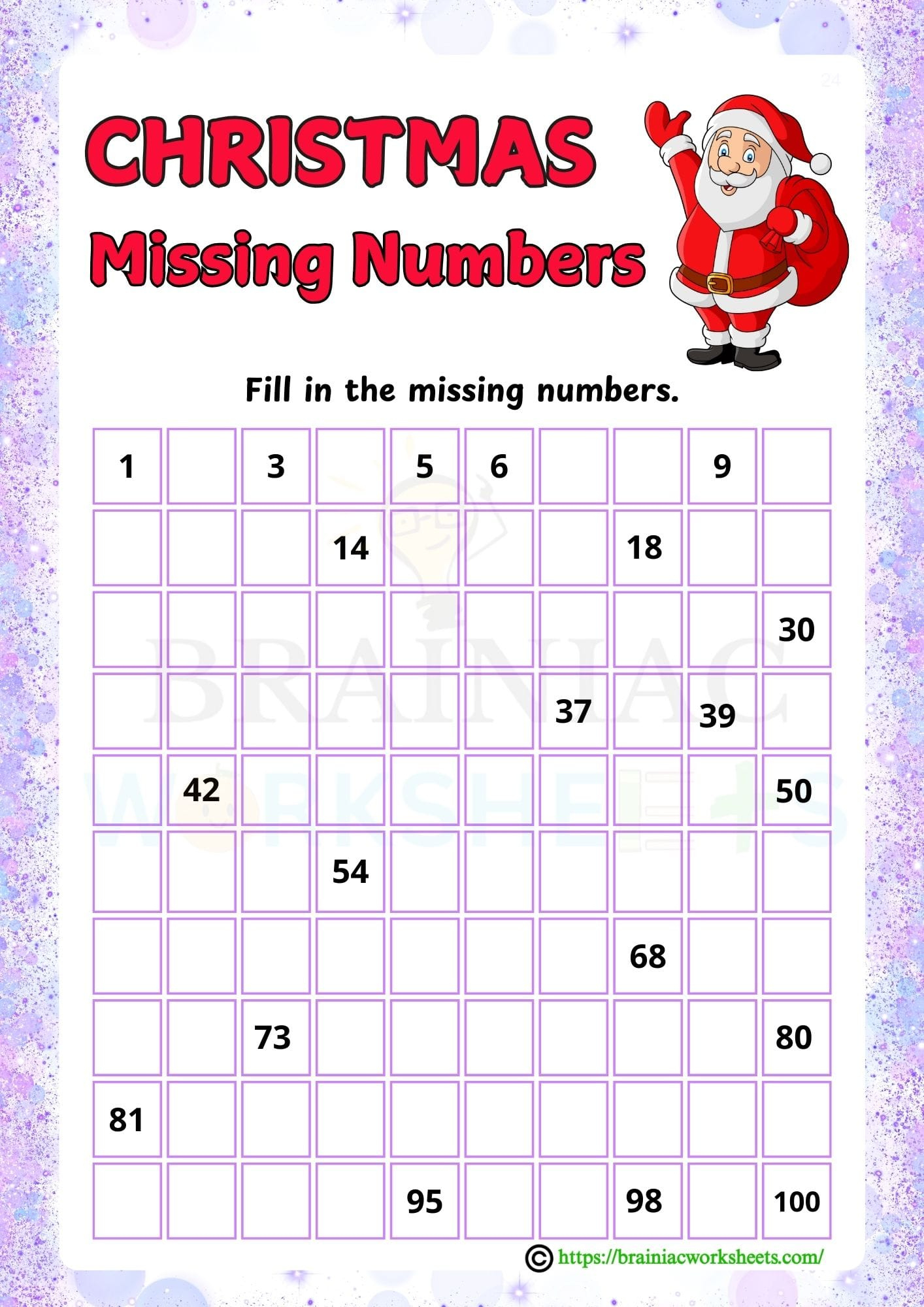 Christmas Missing Numbers 1 To 100 Ukg Maths Worksheet - Brainiac inside Christmas Missing Number Worksheets