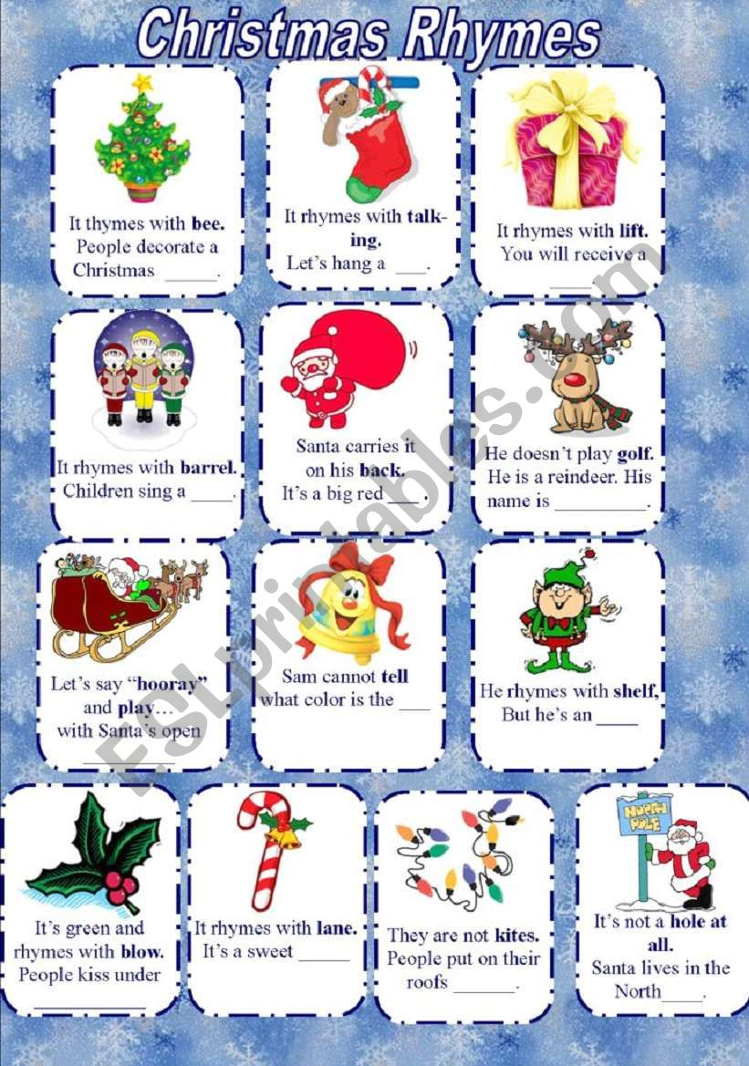 Christmas Rhymes - Esl Worksheetelfelena in Christmas Rhyming Words Worksheets